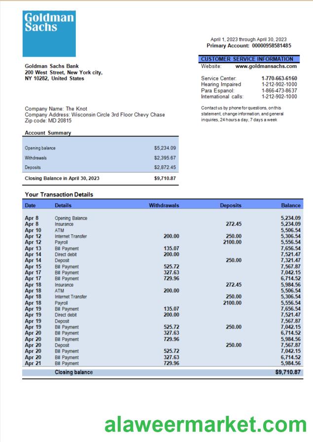 Goldman Sachs bank organization account statement Word and PDF template